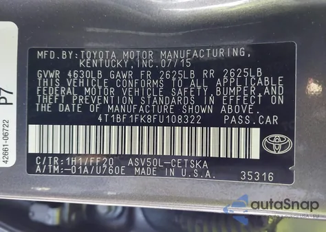 2015 Toyota Camry Se из США, поврежденный, VIN 4T1BF1FK8FU108322